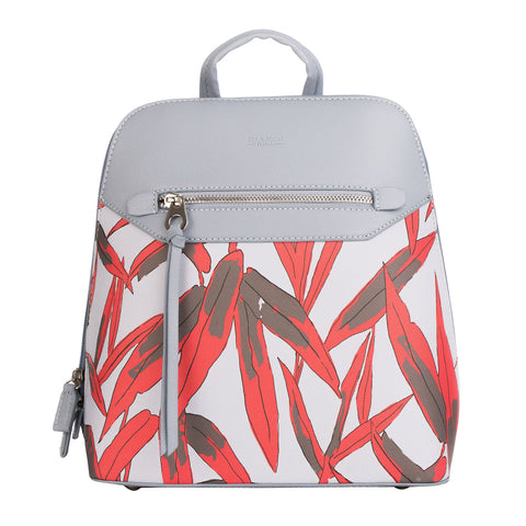 Rucsac de piele ecologica cu imprimeu floral Sophie, Gri cenusa/Rosu/Alb, 27x25x13CM