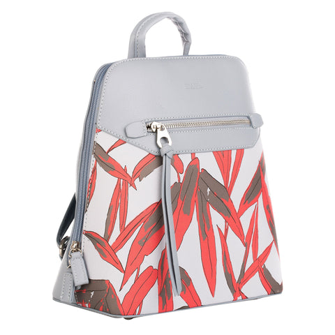 Rucsac de piele ecologica cu imprimeu floral Sophie, Gri cenusa/Rosu/Alb, 27x25x13CM