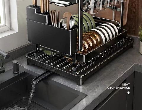 Suport de vase, pahare si tacamuri, cu scurgere, negru, 32x30x42cm