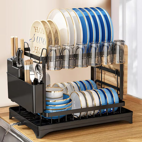 Suport de vase, pahare si tacamuri, cu scurgere, negru, 32x30x42cm