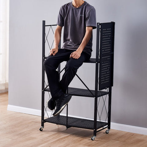 Raft depozitare mobil, metalic, cu 4 polite, pliabil, negru, 125x71x34cm