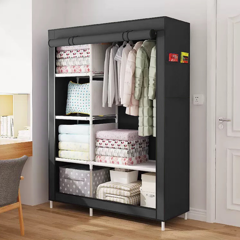 Dulap textil pliabil si portabil cu 6 rafturi, negru, 100x34x164cm