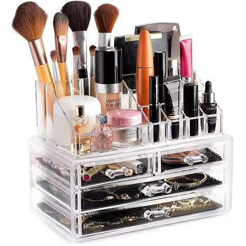 Organizator modular pentru cosmetice cu 4 sertare, transparent, 22,5x13,5x18cm