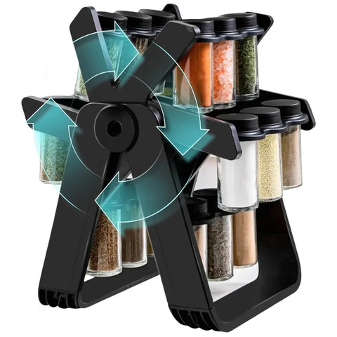 Organizator rotativ de condimente, set 18 borcane incluse, negru, 34x24x28