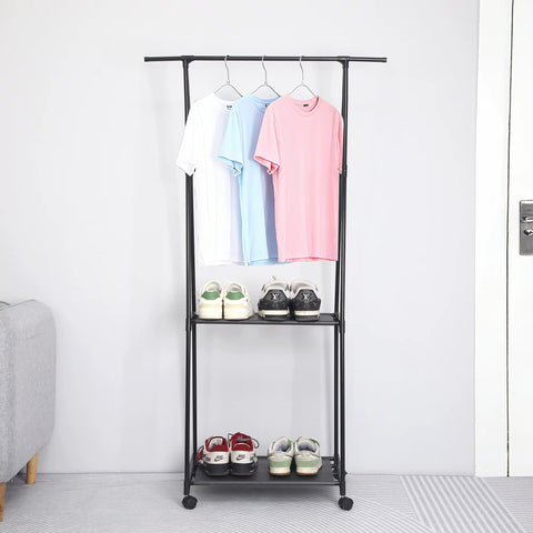 Suport de umerase triunghiular, cu doua rafturi, 4 roti, negru, 158x86x42cm