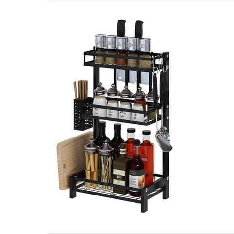 Suport vesela si condimente, cu 3 rafturi, metalic, negru, 65x33x23cm