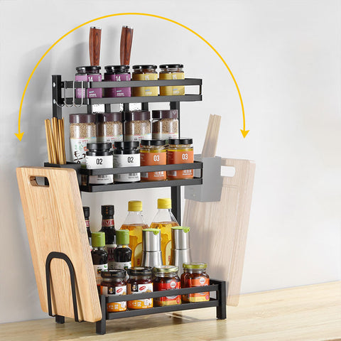 Suport vesela si condimente, cu 3 rafturi, metalic, negru, 65x33x23cm