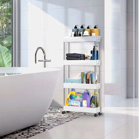 Etajera mobila pentru baie cu roti, 4 rafturi si 6 carlige, alb, 85x38x12cm