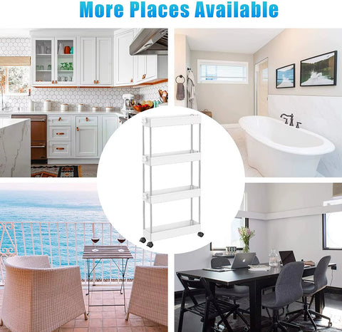 Etajera mobila pentru baie cu roti, 4 rafturi si 6 carlige, alb, 85x38x12cm