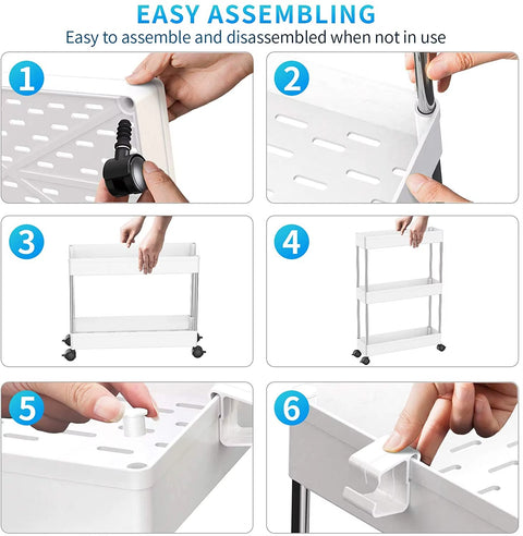 Etajera mobila pentru baie cu roti, 4 rafturi si 6 carlige, alb, 85x38x12cm