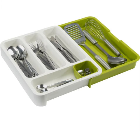 Organizator de tacamuri reglabil pentru sertar, alb cu verde, 28x36x5.5cm