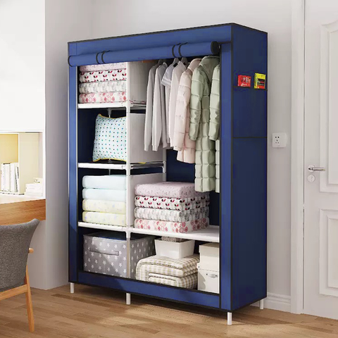 Dulap textil pliabil si portabil cu 6 rafturi, albastru inchis, 100x34x164cm