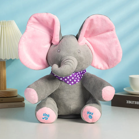 Jucărie de plus interactivă elefant Peek-A-Boo gri cu roz 30cm