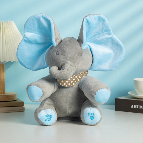 Jucărie de plus interactivă Elefant Peek-A-Boo gri cu albastru 30cm