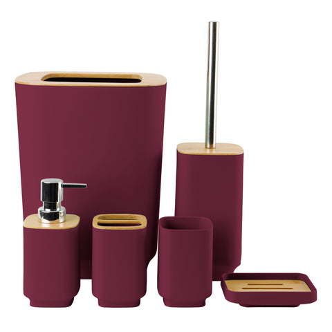 Set 6 accesorii baie, dozator sapun lichid, cos de gunoi, perie WC, pahar, suport sapun, suport periute, Visiniu