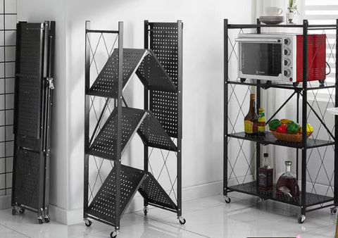 Raft depozitare mobil, metalic, cu 4 polite, pliabil, negru, 125x71x34cm