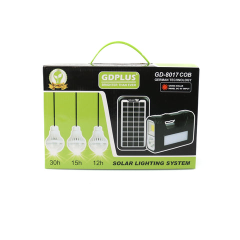 Sistem de iluminat solar GDPLUS cu 3 becuri, lanterna si incarcator USB, portabil, GD-8017COB